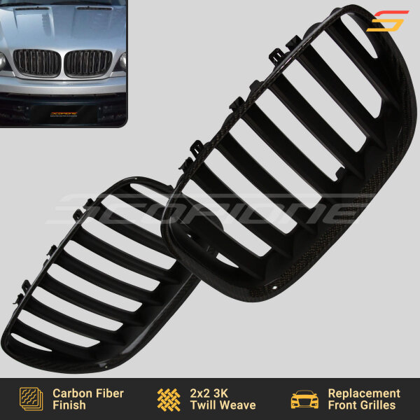 Flat Front View of Scopione Carbon Fiber Kidney Grilles for BMW X5 E53 LCI