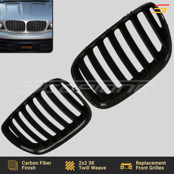 Angled View of Scopione Carbon Fiber Kidney Grilles for BMW X5 E53 LCI