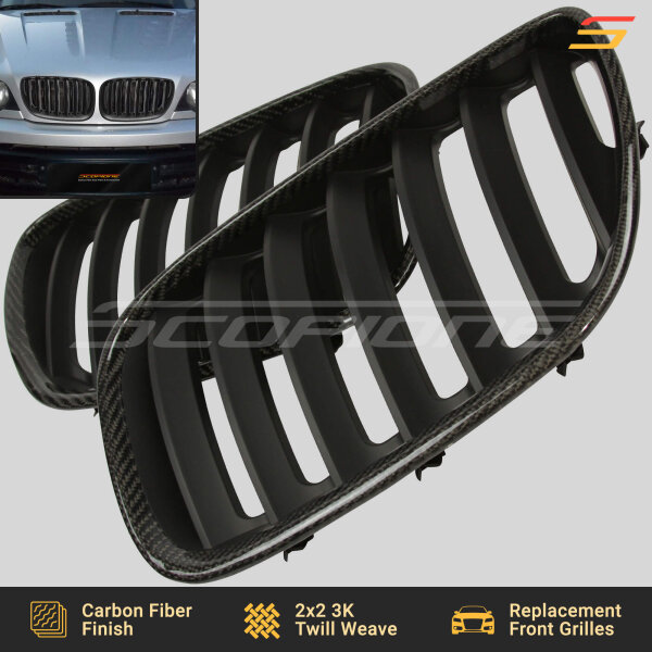 Detailed View of Scopione Carbon Fiber Kidney Grilles for BMW X5 E53 LCI 2004–2006