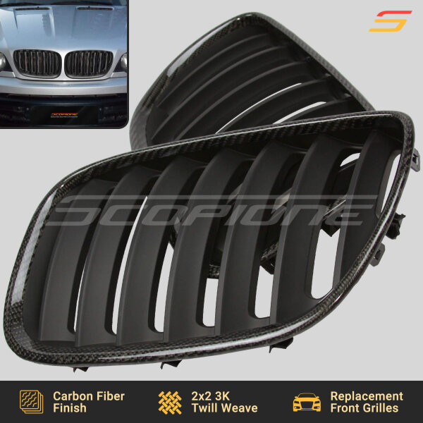 Close-Up of Carbon Fiber Weave on Scopione Kidney Grilles for BMW X5 E53 LCI