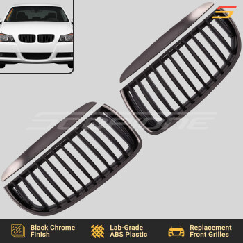Scopione Black Chrome Pre-LCI Kidney Grille Set with Hood Trim Strips for BMW 06-08 4dr 3 Series E90 E91