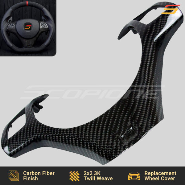 Angled view of Scopione carbon fiber steering wheel trim for BMW M3 E9X and 1M E82