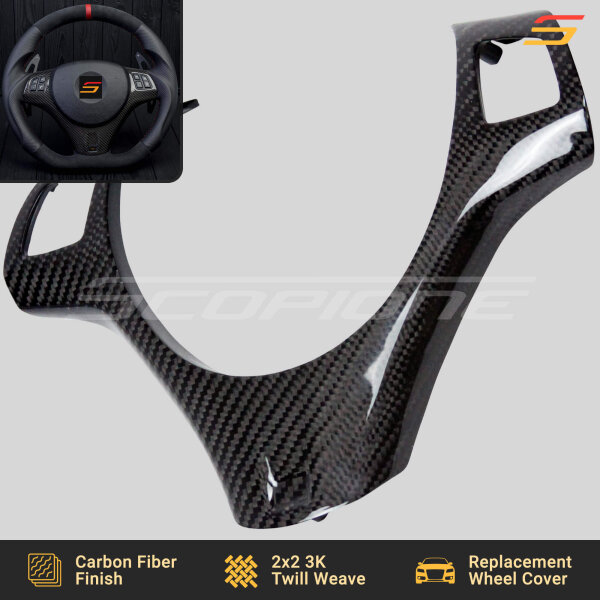 Close-up of carbon fiber weave on Scopione steering trim for BMW M3 E9X and BMW 1M E82