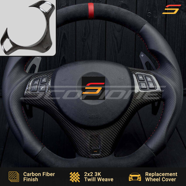 Scopione carbon fiber steering trim installed on BMW M3 E90 E92 E93 and 1M E82