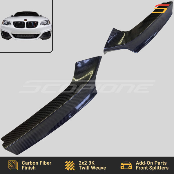 Angled View of Scopione Carbon Fiber Front Bumper Splitters for BMW 2 Series F22 F23 M-Sport