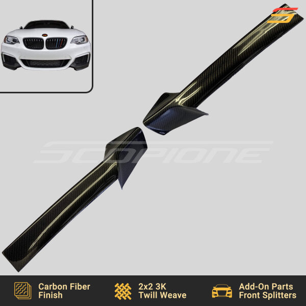 Flat Lay of Scopione Carbon Fiber Front Bumper Splitters for BMW 2 Series F22 F23 M-Sport