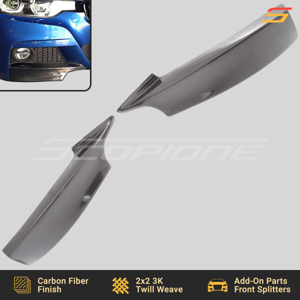 Angled front view of Scopione Carbon Fiber Splitters on BMW F34 GT