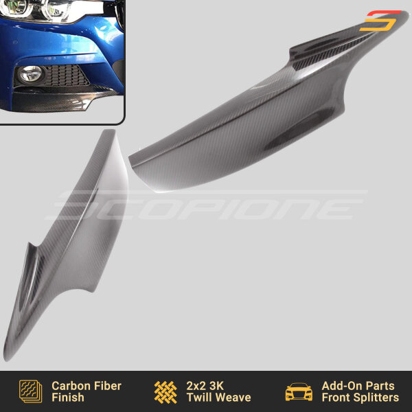 Low-angle front view of Scopione Carbon Fiber Splitters for BMW F34 M-Sport