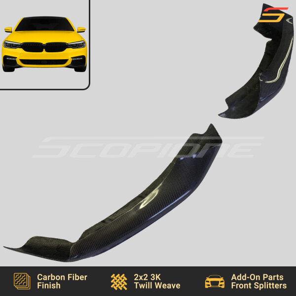 Angled view of Scopione Carbon Fiber Front Bumper Splitters on BMW G30