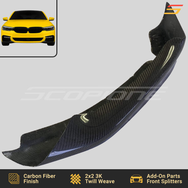 Close-up of BMW G30 M-Sport Carbon Fiber Splitters by Scopione
