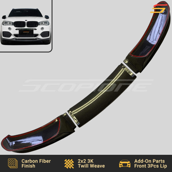Close-up of carbon fiber weave on Scopione front lip splitters for BMW X5 F15 M-Tech