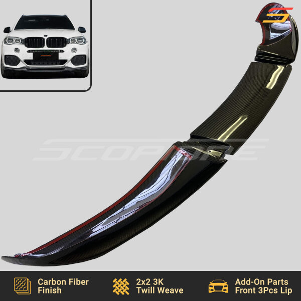 Angled view of Scopione carbon fiber front lip splitters for BMW X5 F15 M-Sport