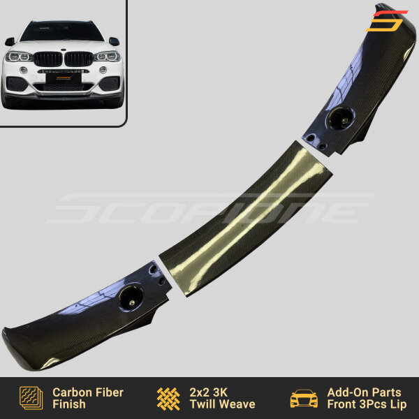 Underside view of Scopione carbon fiber front lip splitters for BMW X5 F15 M-Sport