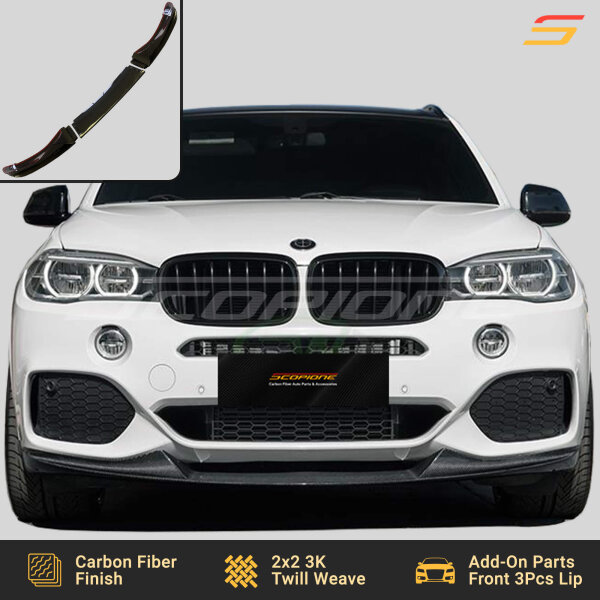 Scopione carbon fiber front lip splitters installed on BMW X5 F15 M-Sport front bumper