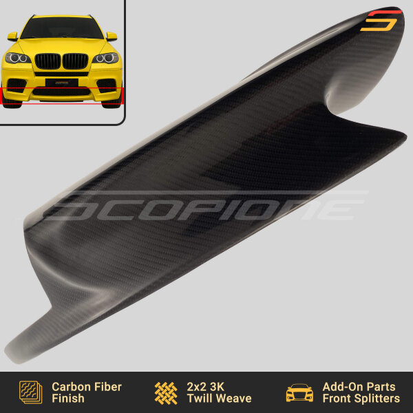 Close-up of carbon fiber weave on Scopione front splitters for BMW X5M E70 / X6M E71