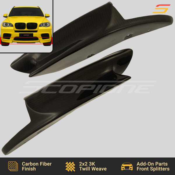 Front view of Scopione carbon fiber front bumper splitters for BMW X6M E71