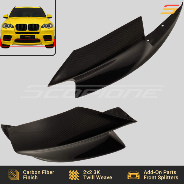 Angled view of Scopione carbon fiber front splitters for BMW X5M E70 and X6M E71