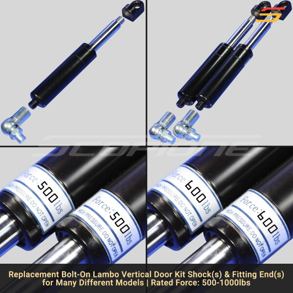 Bolt On Lambo Vertical Door Kit Replacement Shocks & L Fittings, Ball Joints - 7 3/4" - 500 to 1000lbs - Image 3