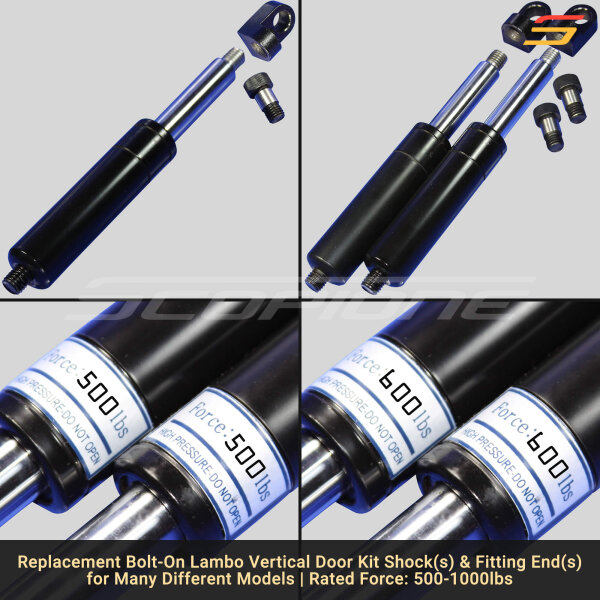 Bolt On Lambo Vertical Door Kit Replacement Shocks & L Fittings, Screws - 7 3/4" - 500 to 1000lbs - Image 3