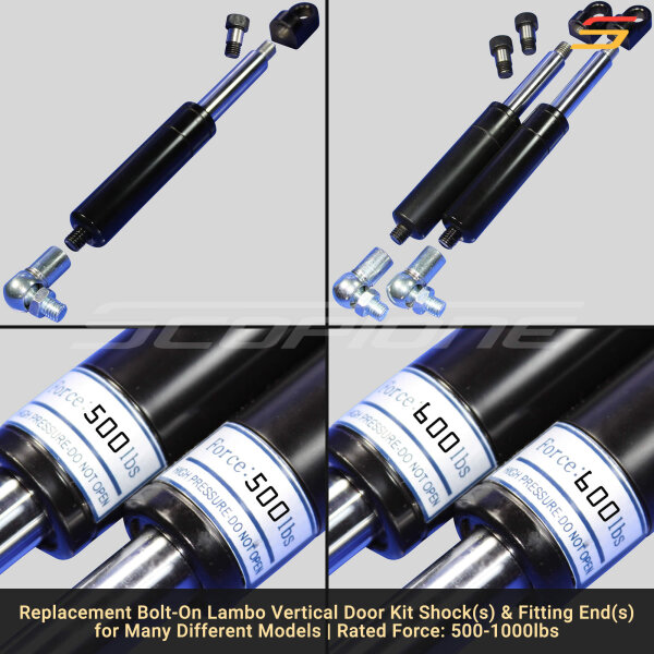 Bolt On Lambo Vertical Door Kit Replacement Shocks & L Fittings, Screws, Ball Joints - 7 3/4" - 500 to 1000lbs - Image 3
