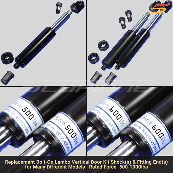 Bolt On Lambo Vertical Door Kit Replacement Shocks & 8 Fitting Ends - 7 3/4" - 500 to 1000lbs - Image 3