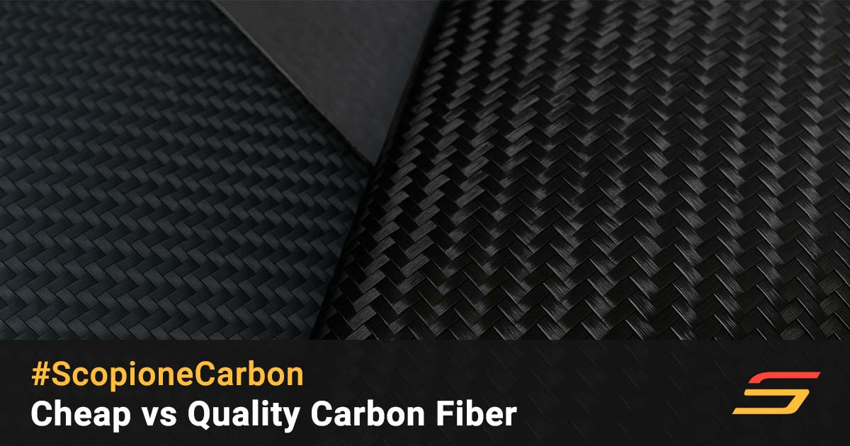 Side-by-side close-up comparison showing low-quality matte carbon fiber weave versus high-gloss premium carbon fiber pattern — illustrating Scopione’s article ‘Cheap vs Quality Carbon Fiber’ on identifying authentic materials.