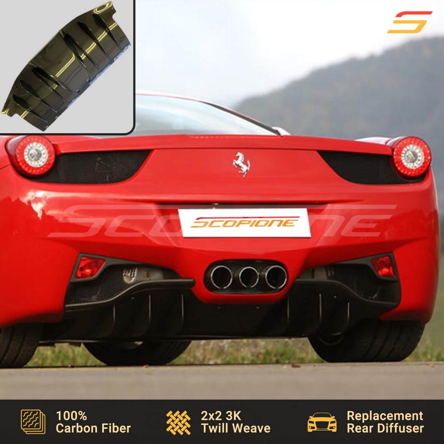 Carbon Fiber Rear Bumper Diffuser for Ferrari 458 Italia & Spider