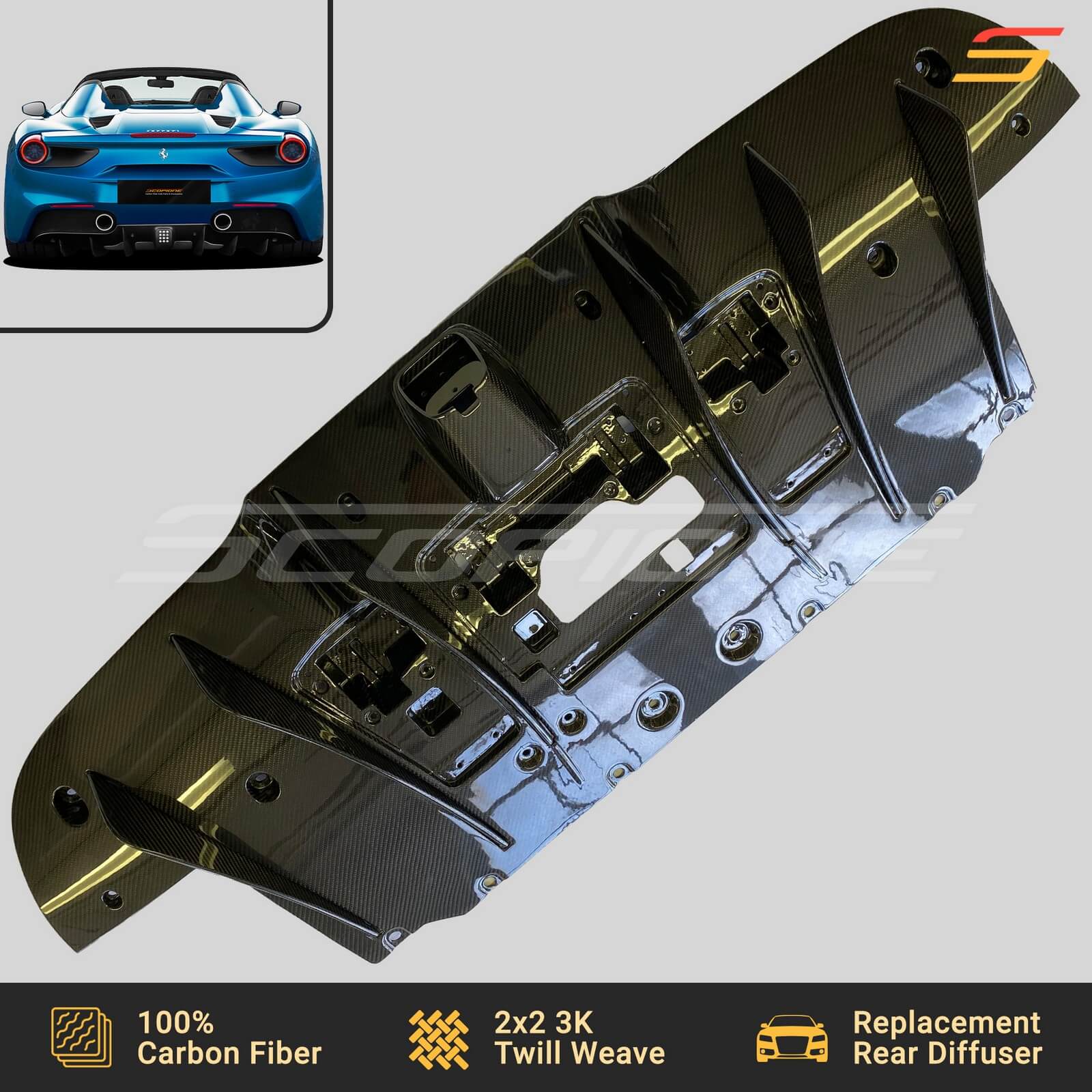 Scopione Carbon Fiber Rear Bumper Diffuser for Ferrari 488 GTB & Spider