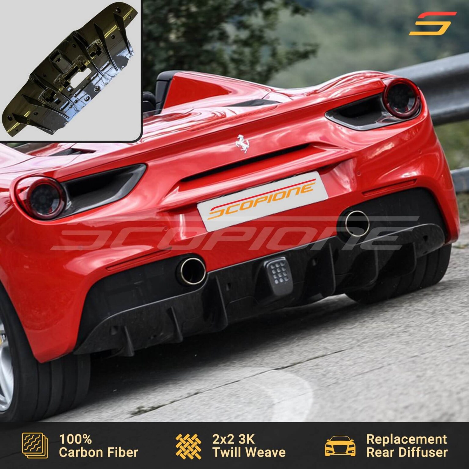 Carbon Fiber Rear Bumper Diffuser for Ferrari 488 GTB & Spider