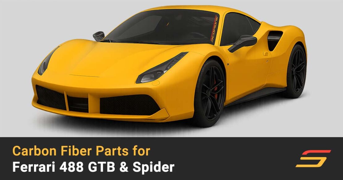 Scopione carbon-fiber parts on Yellow Ferrari 488 Coupe — intake vents, side skirts, diffuser, spoiler, and door handles