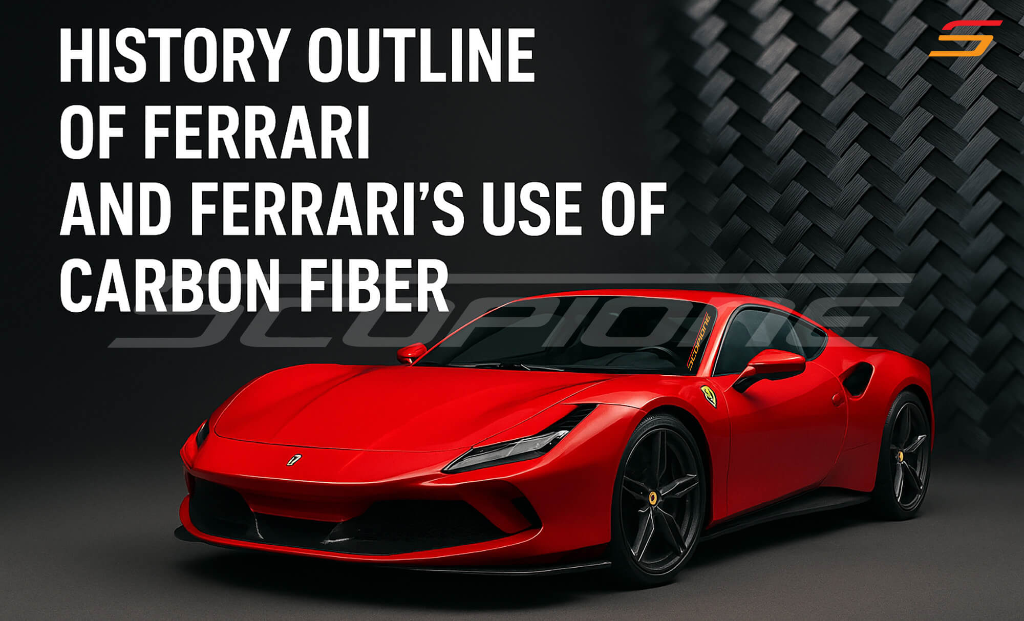 History outline of Ferrari – red F8 Tributo on a carbon weave backdrop