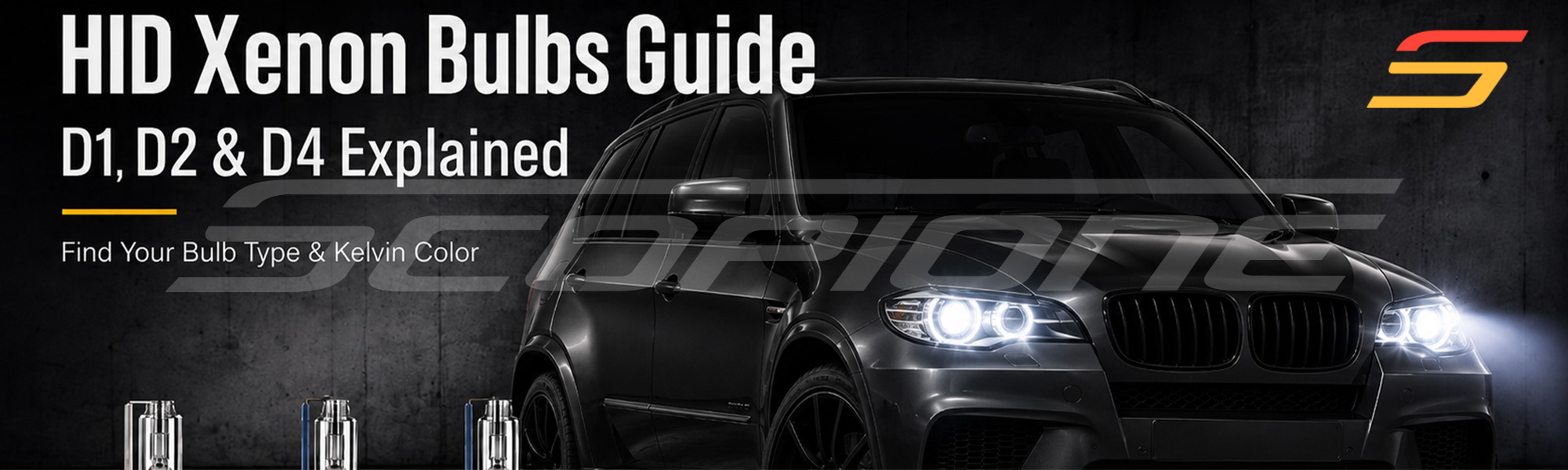 HID xenon bulbs guide – BMW with headlights lit and Scopione D-series replacement capsules
