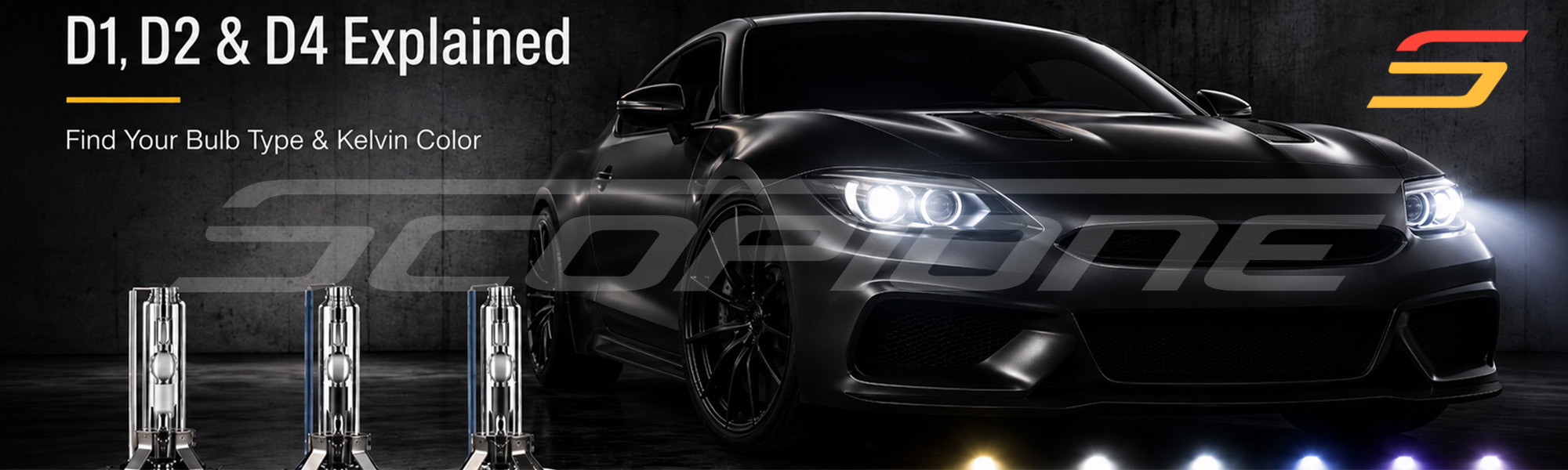 D1, D2 and D4 explained – Scopione replacement HID xenon capsules beside a coupe with lit headlights