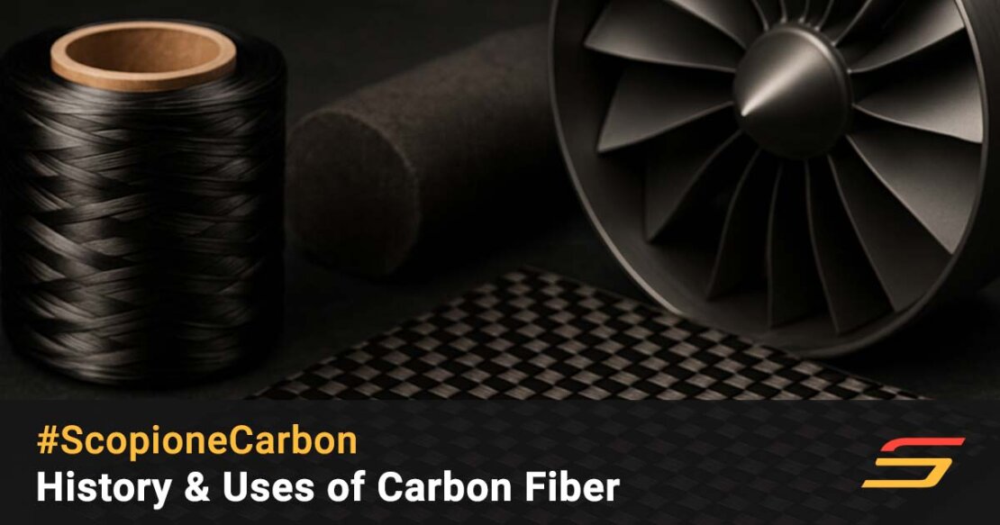 Close-up of carbon fiber spool, composite tube, and turbine fan resting on carbon weave surface — representing Scopione’s article ‘History & Uses of Carbon Fiber’ exploring its evolution from aerospace to automotive applications.