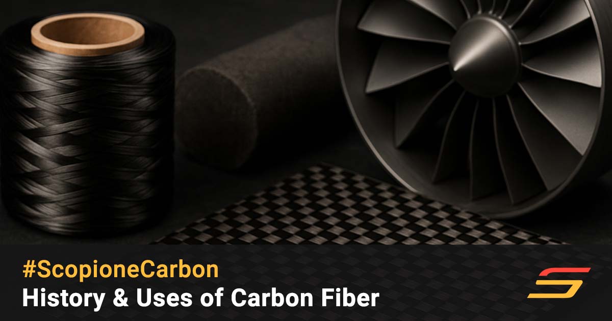 Close-up of carbon fiber spool, composite tube, and turbine fan resting on carbon weave surface — representing Scopione’s article ‘History & Uses of Carbon Fiber’ exploring its evolution from aerospace to automotive applications.