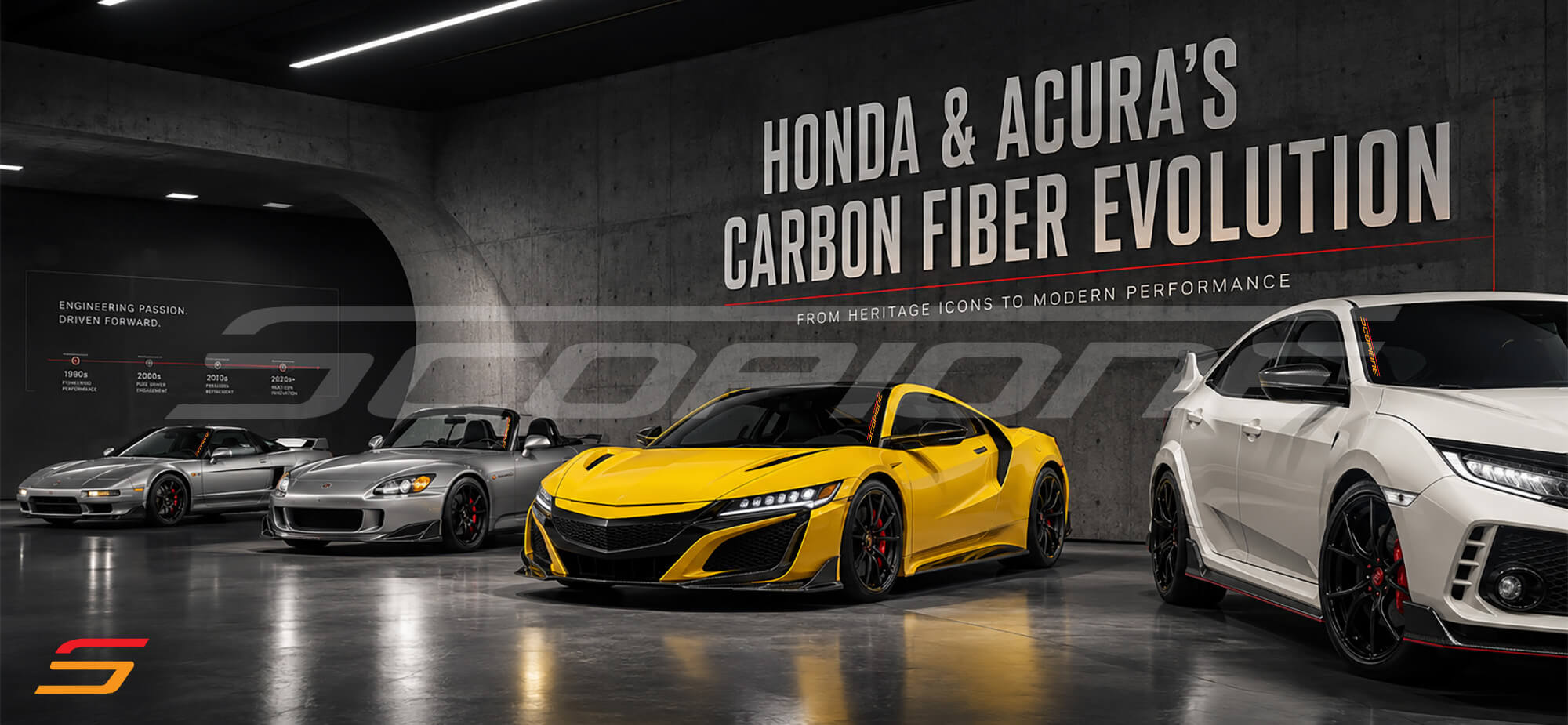 Honda and Acura evolution showroom – yellow NSX Gen 2 with the era timeline wall