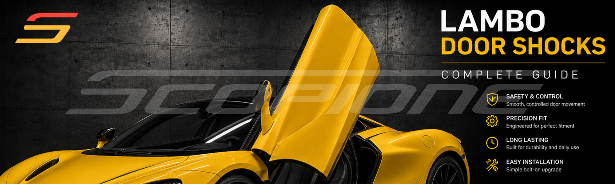 Lambo door shocks complete guide banner – vertical door open with Scopione fitment and durability callouts