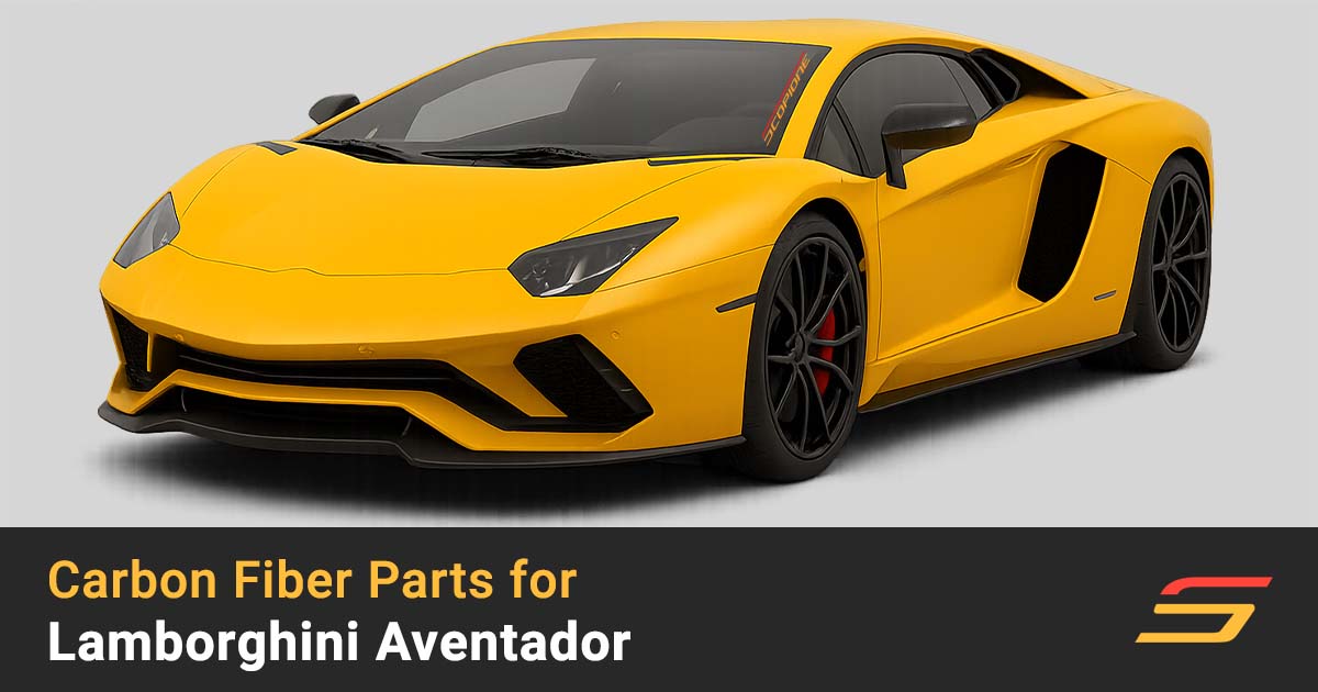 Yellow Lamborghini Aventador Coupe featuring Scopione carbon-fiber body kit — front lip, diffuser, side skirts, mirror caps, and rear spoiler