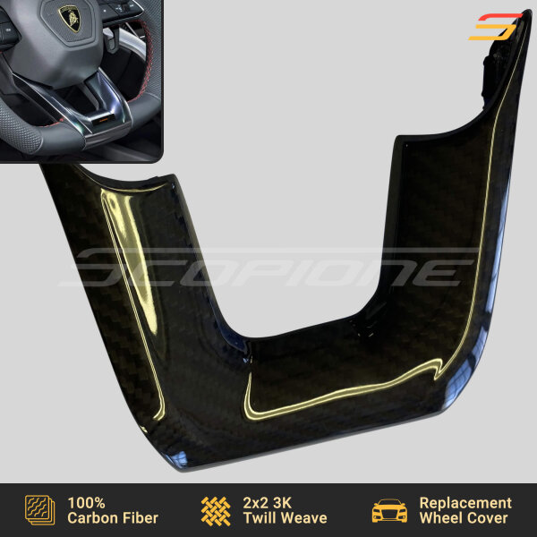 Angled view of Scopione carbon fiber steering wheel trim for Lamborghini Uru