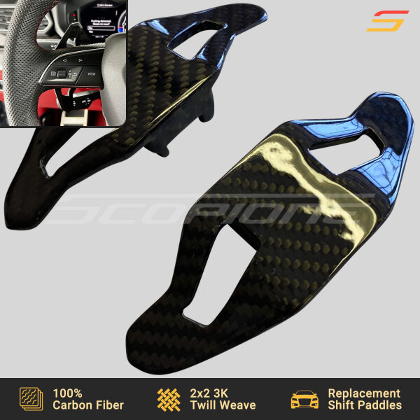 Angled view of Scopione carbon fiber paddle shifters for Lamborghini Urus