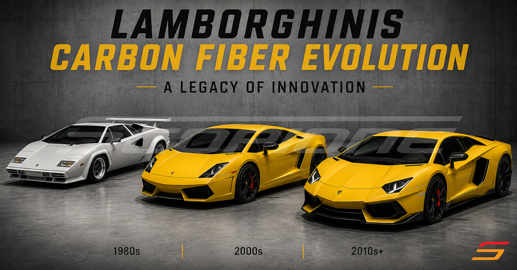Lamborghini carbon fiber evolution from the 1980s to the 2010s – Countach, Gallardo and Aventador