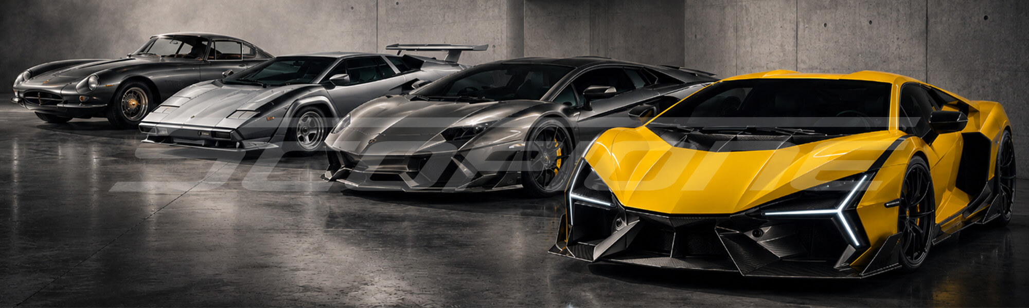 Five generations of Lamborghini ending in the Revuelto – dark studio lineup