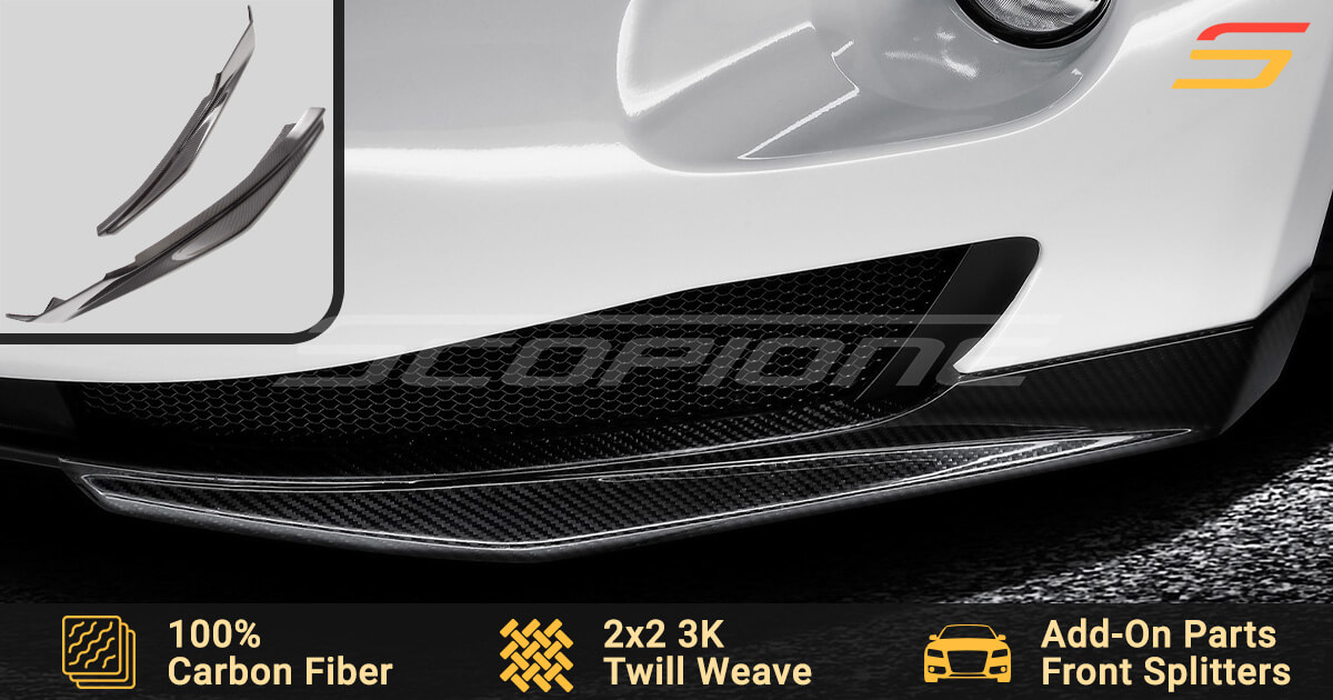 Maserati GranCabrio and GranTurismo carbon fiber front bumper splitters by Scopione — precision-engineered aerodynamic upgrade featuring 2x2 twill weave and glossy finish for perfect OEM-level fitment.