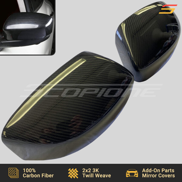 Angled view of Scopione carbon fiber side mirror covers for Maserati Levante MK1 2017–2024