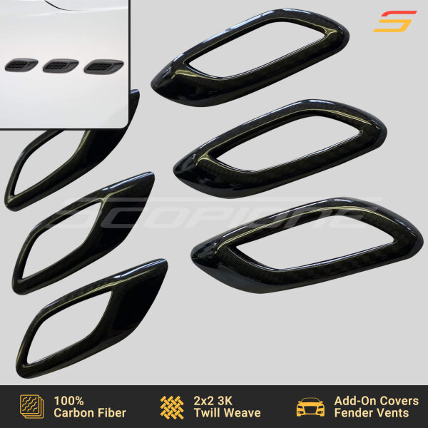 Angled view of Scopione carbon fiber front fender vent covers for Maserati Levante MK