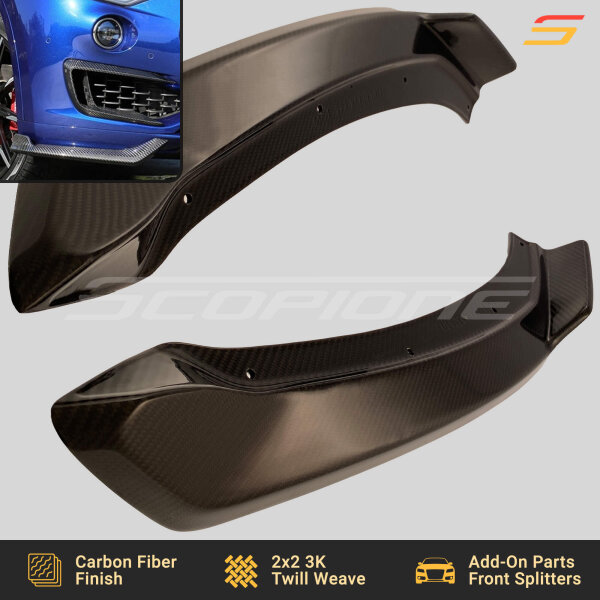 Angled view of Scopione carbon fiber front bumper splitters for Maserati Levante MK1 2017–2024