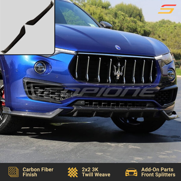 Scopione carbon fiber front splitters installed on Maserati Levante MK1 front bumper