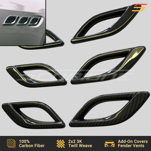 Angled view of Scopione carbon fiber fender vent covers for Maserati Quattroporte VI