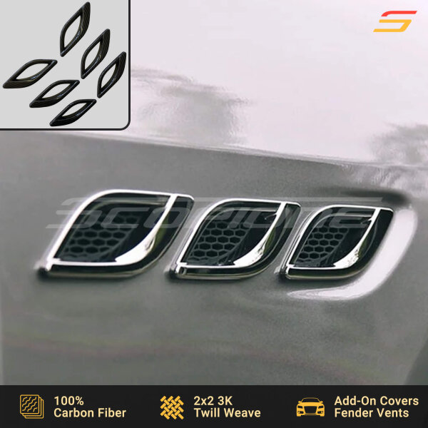 Scopione carbon fiber fender vent covers installed on Maserati Quattroporte VI front fenders