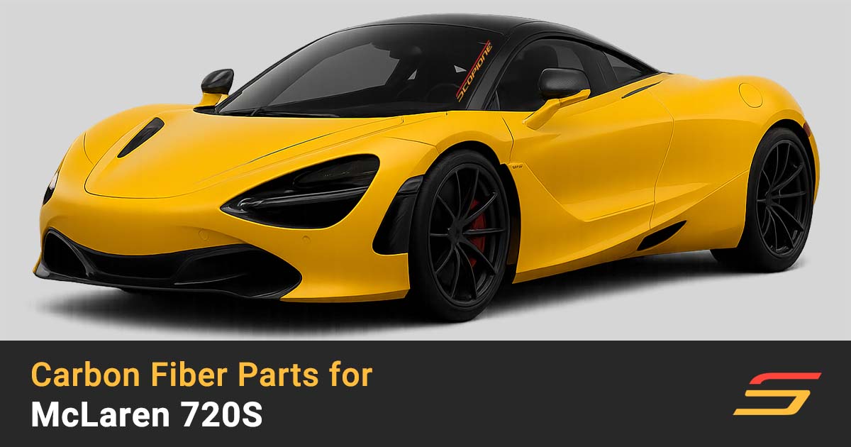 Scopione carbon-fiber upgrades on Yellow McLaren 720S Coupe — front lip, hood vents, bumper vents, mirror covers, and headlight trim bezels